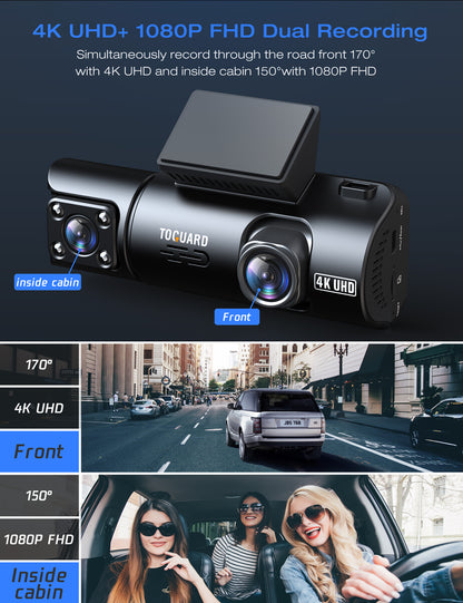 TOGUARD GPS Dual Dash Cam 4K Front Inside Car DVR for Car Uber Truck Taxi Driver Night Vision Two Channels Black