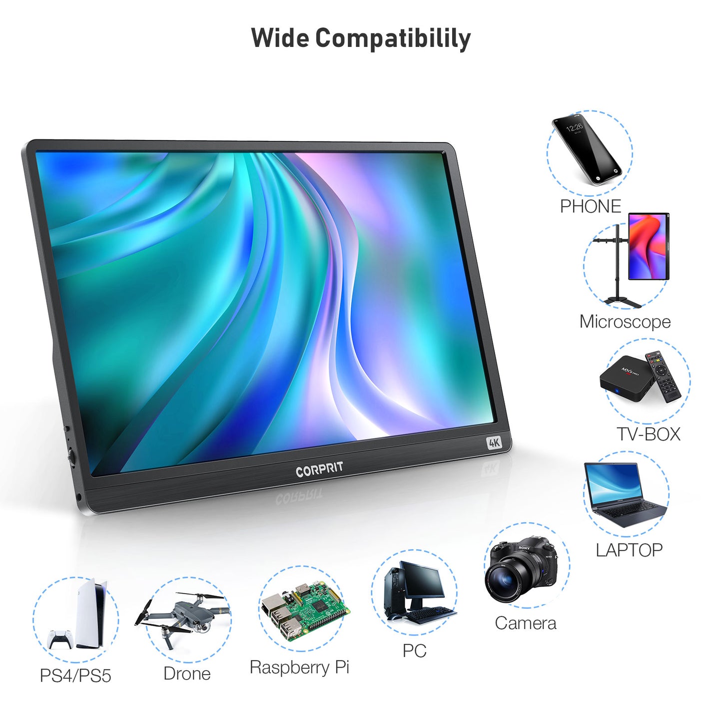 Corprit 4k UHD Portable Monitor 15.6" IPS Portable Screen sRGB Extend Second Screen USB C HDMI Gaming Monitor Smart Cover Dual Speakers Computer Display for PC MAC Phone
