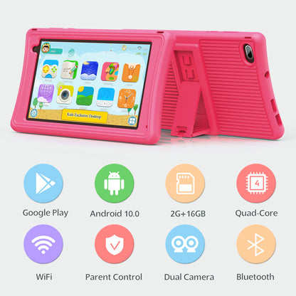 CAMPARK M70 Kids Tablets 7 inch, Quad-Core Android 10, HD Eye Protection Screen, Toddlers Tablet with WiFi, 2GB RAM+16GB ROM, Parental Controls, Learning & Gaming, Pink Kid-Proof Case, Dual Cameras
