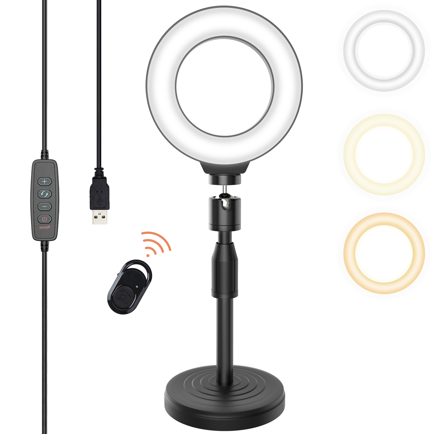 Jeemak 6'' Selfie Ring Light with Stand Desktop LED Circle Light for Phone Laptop Computer 3 Colors USB Ringlight with Remote Control For Photography Makeup YouTube Video TikTok Live Stream