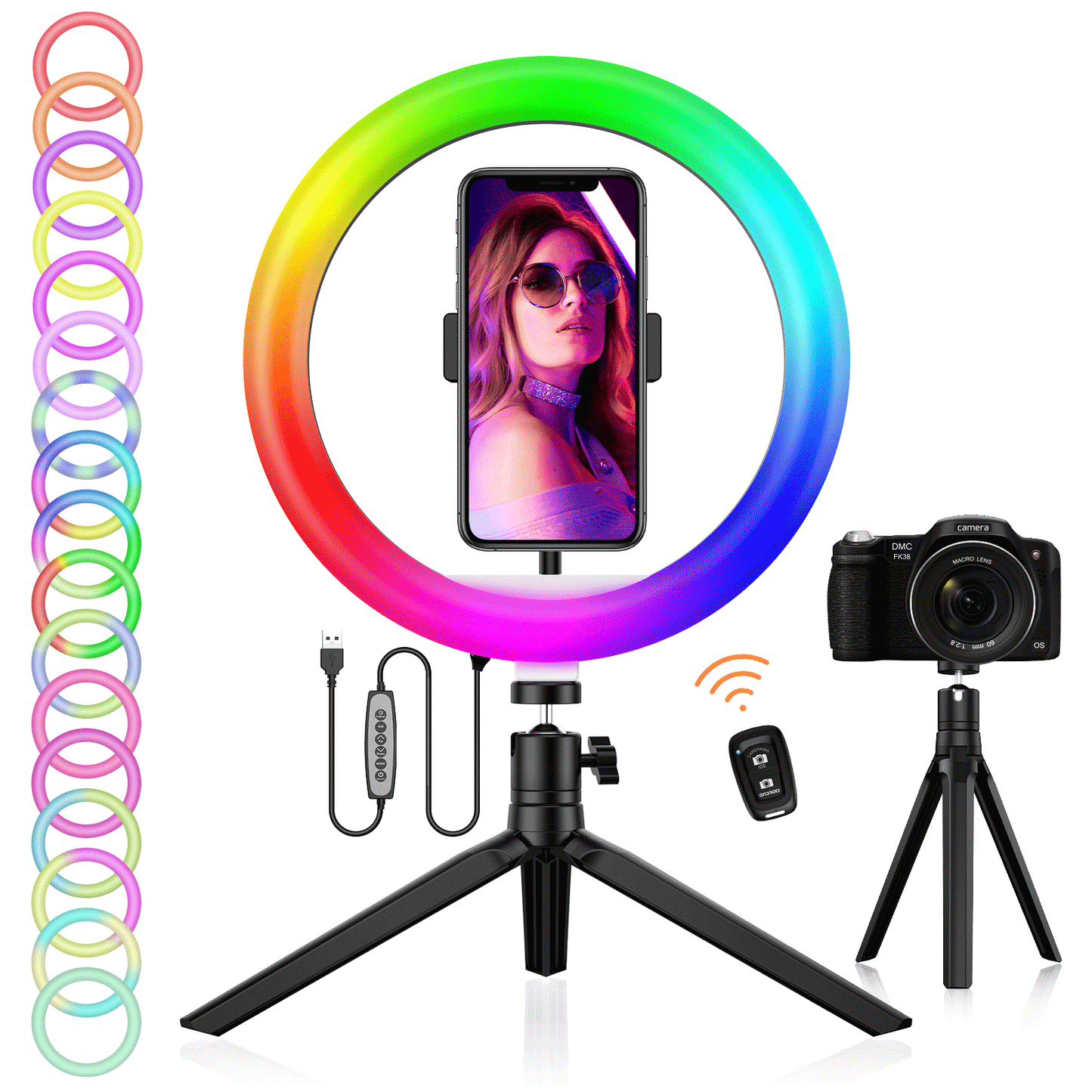 JEEMAK 10" LED Ring Light Kit Stand Dimmable USB Wireless Remote Control 360° Adjustable Angle For Makeup  Home Lighting Party Selfie Phone Camera Youtube