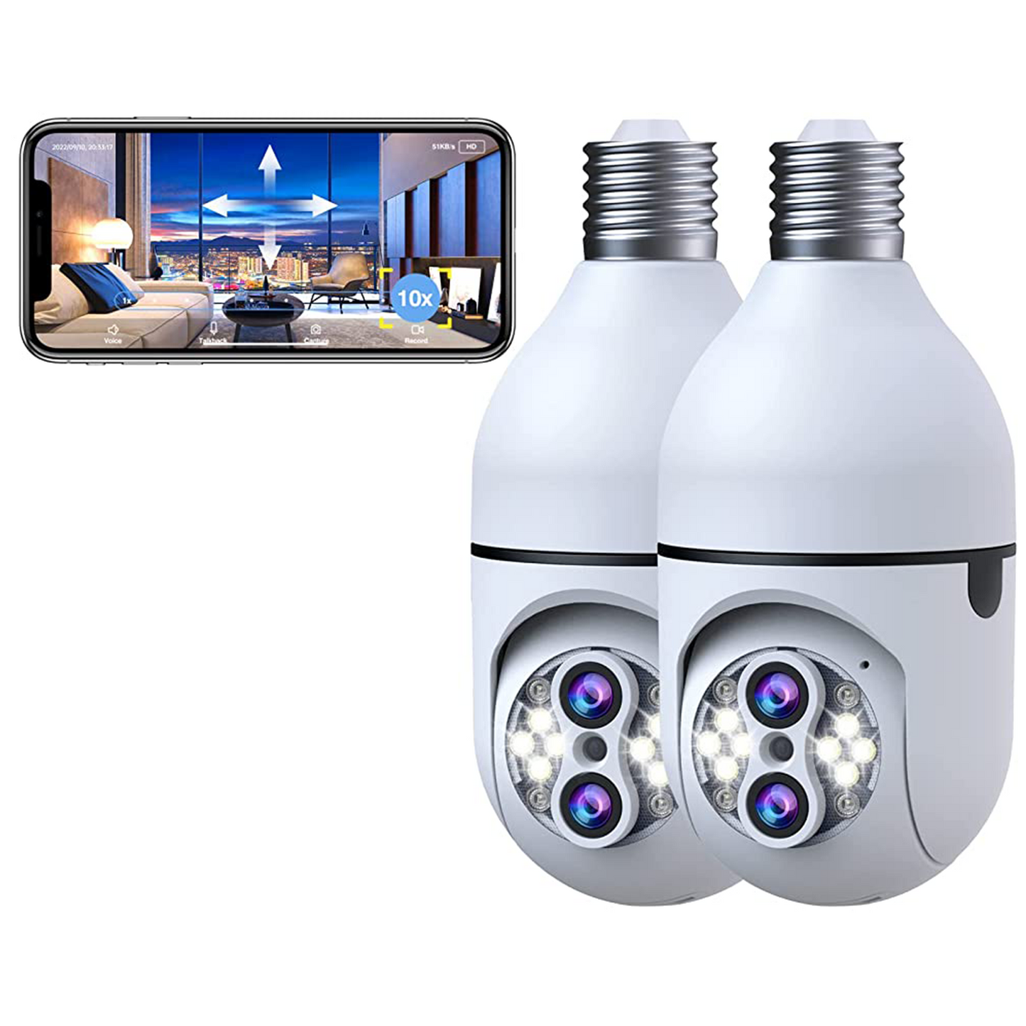 Toguard SC11 2 pack 1080P Light bulb Security Camera with Auto Tracking 10X Zoom E27 PTZ Dual Lens Security Camera Outdoor 2-Way Audio IP65 Waterproof