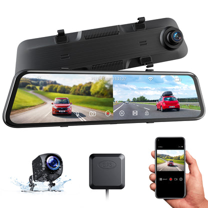 4K Mirror Dash Cam with GPS WiFi, 12" Voice Control Full Touch Screen Dual Dash Cam Front and Rear View Mirror Camera