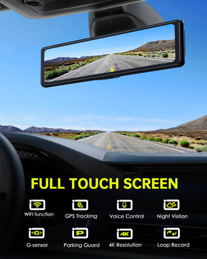 4K Rear View Mirror Camera WiFi GPS, 12" Voice Control Mirror Dash Cam, Full Touch Screen