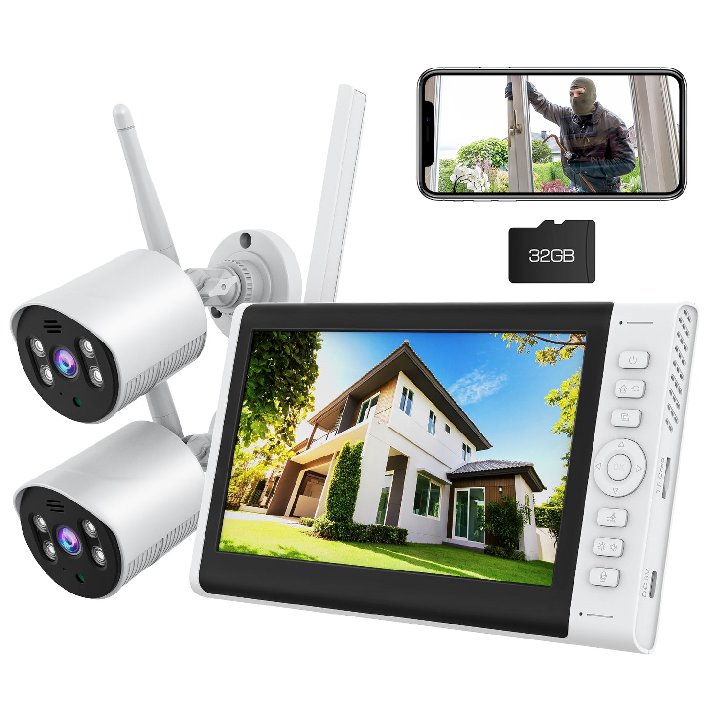 TOGUARD CCTV Security Camera System with 7" & 3600mAh Monitor(Include 32G TF)