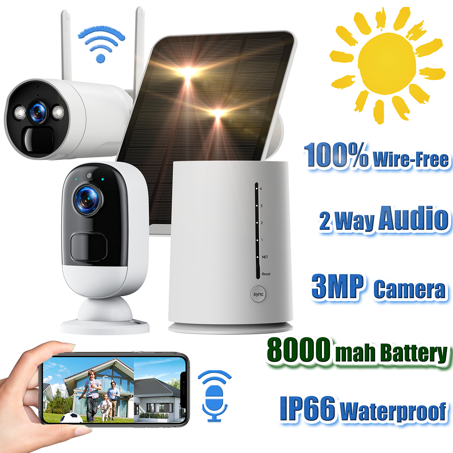 Toguard 3MP Solar Wireless Security Camera System Rechargeable Battery Security Camera Wireless Wifi Outdoor Indoor (Includes Base Station & 2 Camera & Solar Panel)
