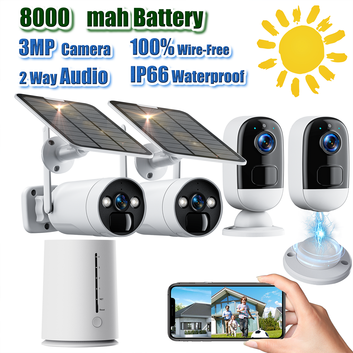 Toguard 3MP Solar Wireless Security Camera System Rechargeable Battery Security Camera Wireless Wifi Outdoor Indoor (Includes Base Station & 4 Camera & 2 Solar Panel)