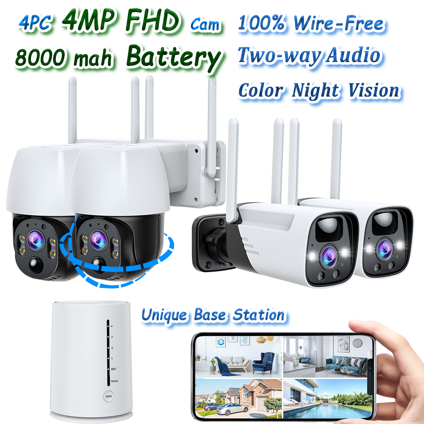 Toguard 4MP Wireless Security Camera System Outdoor, 8000mAh Battery Security Camera with Color Night Vision 2-Way Audio, Support Solar Operated(not included)