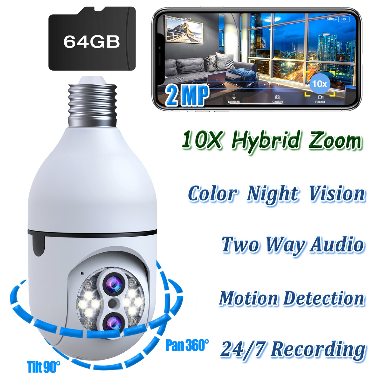 Toguard SC11 10X Hybrid Zoom Light Bulb Security Camera Outdoor E27 PTZ Dual Lens Dome Surveillance Camera (Include 64G Memory Card)