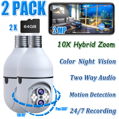 Toguard 2 Pack SC11 10X Hybrid Zoom Light Bulb Security Camera Outdoor E27 PTZ Dual Lens Wireless Dome Surveillance Camera (Include 64G Memory Card)
