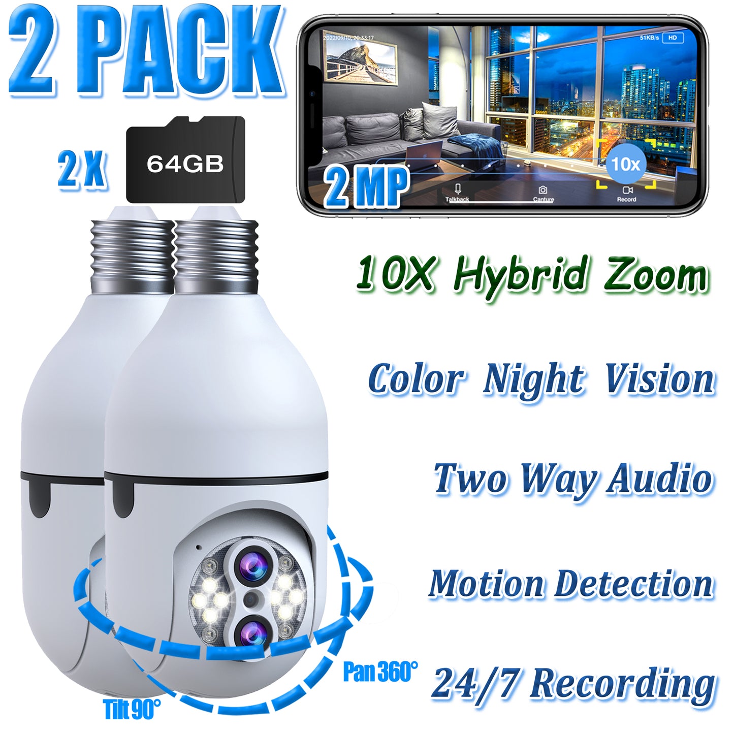 Toguard SC11 2 Pack 10X Hybrid Zoom Light Bulb Security Camera Outdoor E27 PTZ Dual Lens Dome Surveillance Camera (Include 64G Memory Card)