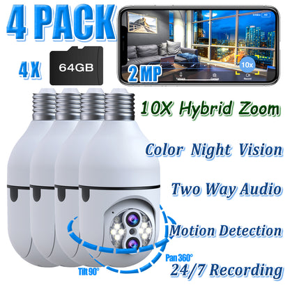 Toguard SC11 4 Pack 10X Hybrid Zoom Light Bulb Security Camera Outdoor E27 PTZ Dual Lens Wireless Dome Surveillance Camera (Include 64G Memory Card)