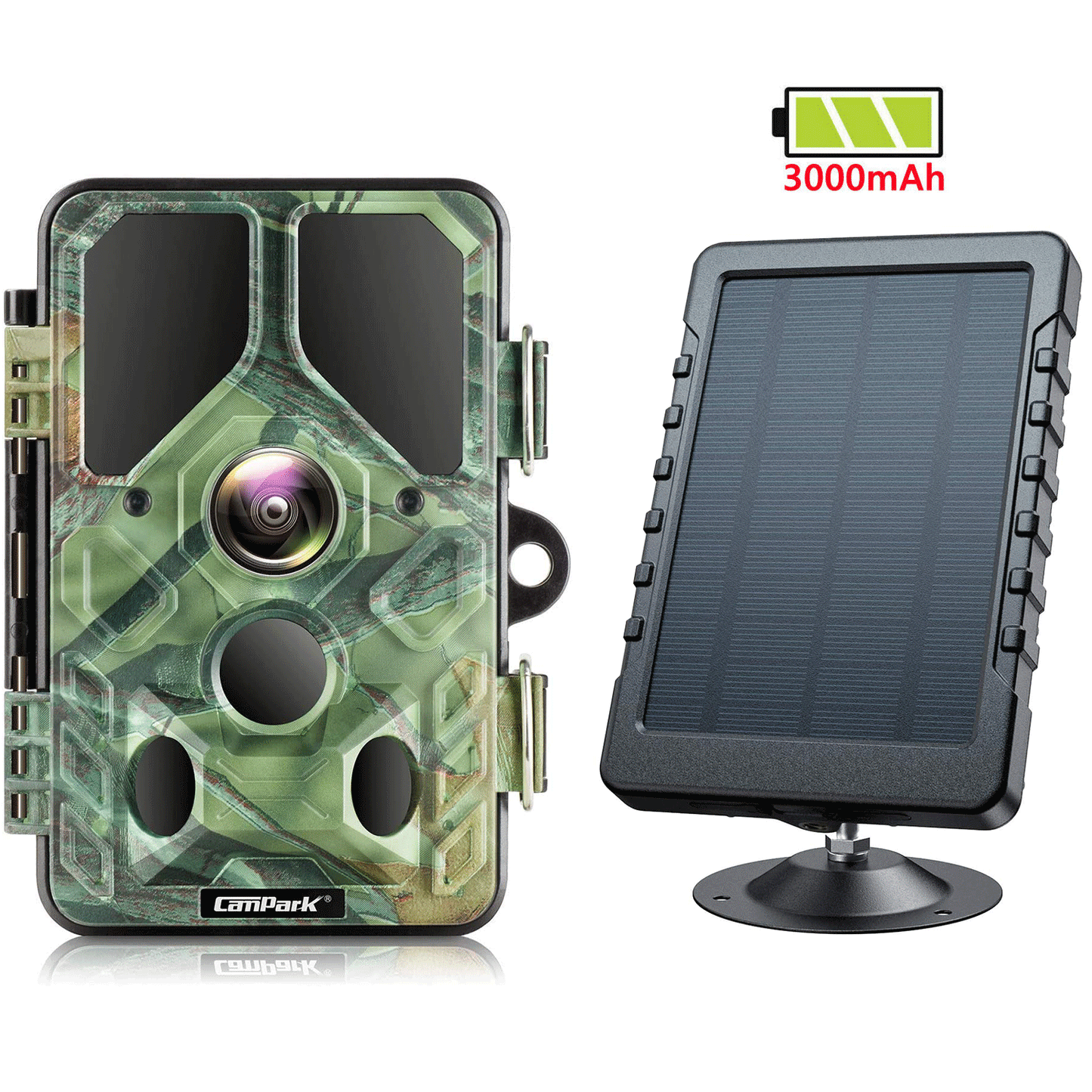 CAMPARK WiFi Trail Camera with 3000mAh Solar Panel Bundle 20MP 1296P Hunting Game Camera with 940nm IR LEDs Night Vision Waterproof 2.4"LCD and Trail Camera Solar Power Bank Waterproof 6V/2A
