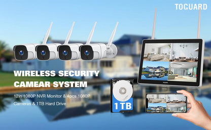 Toguard W400 1080P Wireless Security Camera System with 12 inch LCD Monitor, 8CH NVR 4Pcs WiFi Outdoor Home Surveillance Camera