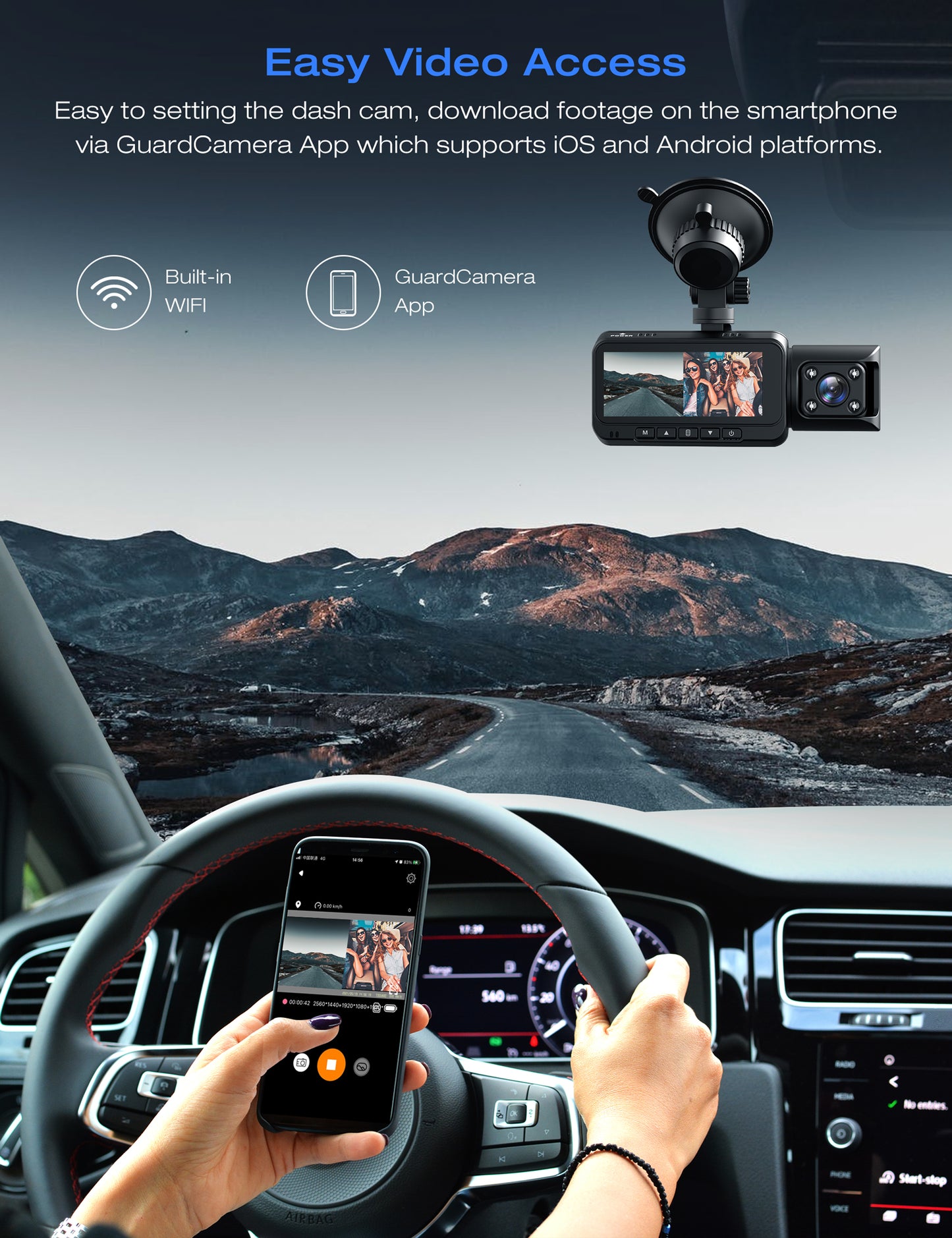 TOGUARD GPS Dual Dash Cam 4K Front Inside Car DVR for Car Uber Truck Taxi Driver Night Vision Two Channels Black