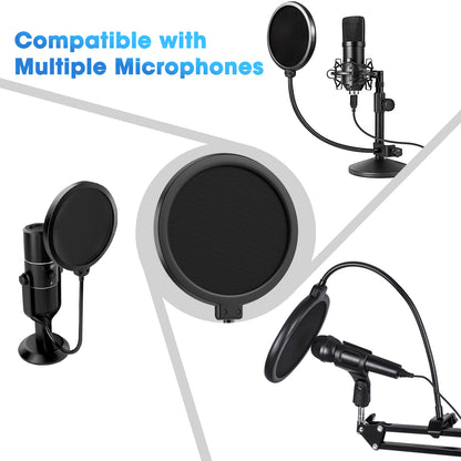 JEEMAK Professional Microphone Pop Filter Mask Shield For Blue Yeti and Any Other MIC, Dual Layered Wind Pop Screen With A Flexible 360° Gooseneck Clip Stabilizing Arm